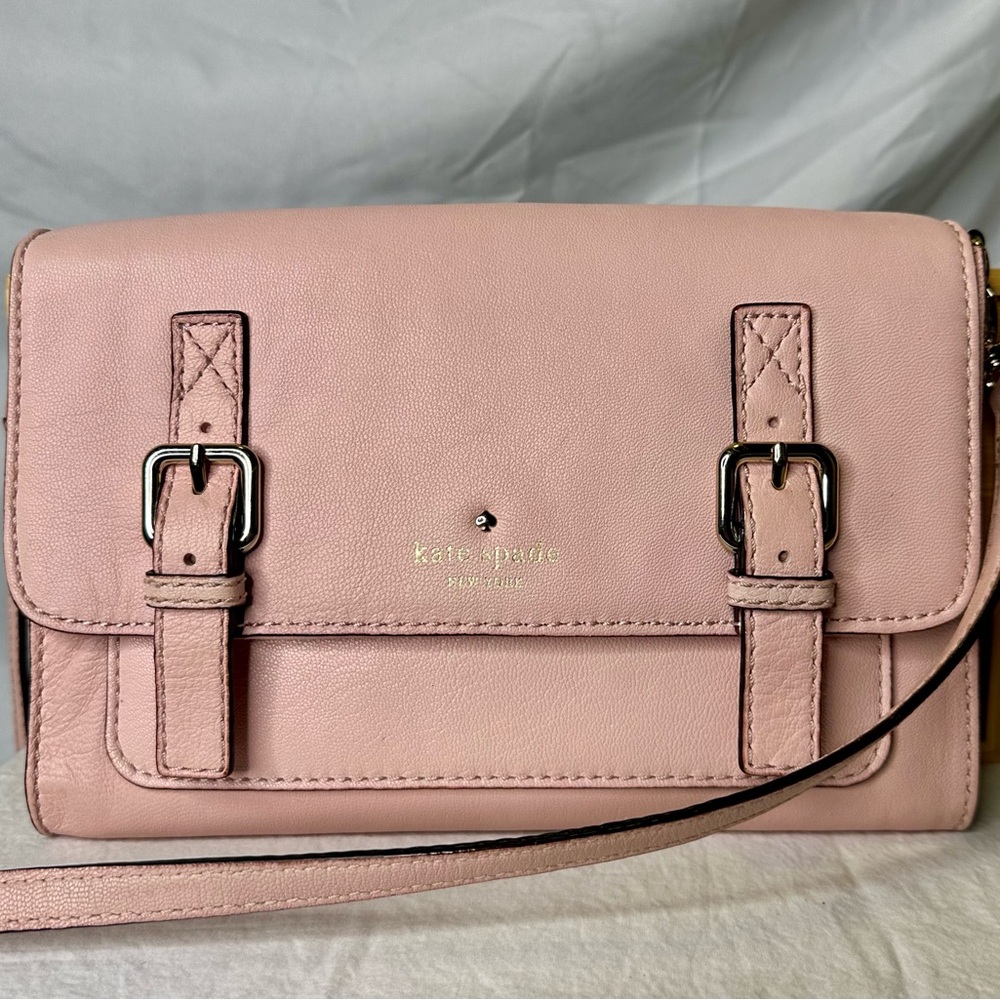 KATE SPADE Women’s Blush Pink Leather Two-Buckle Fold-over Crossbody Clutch Bag